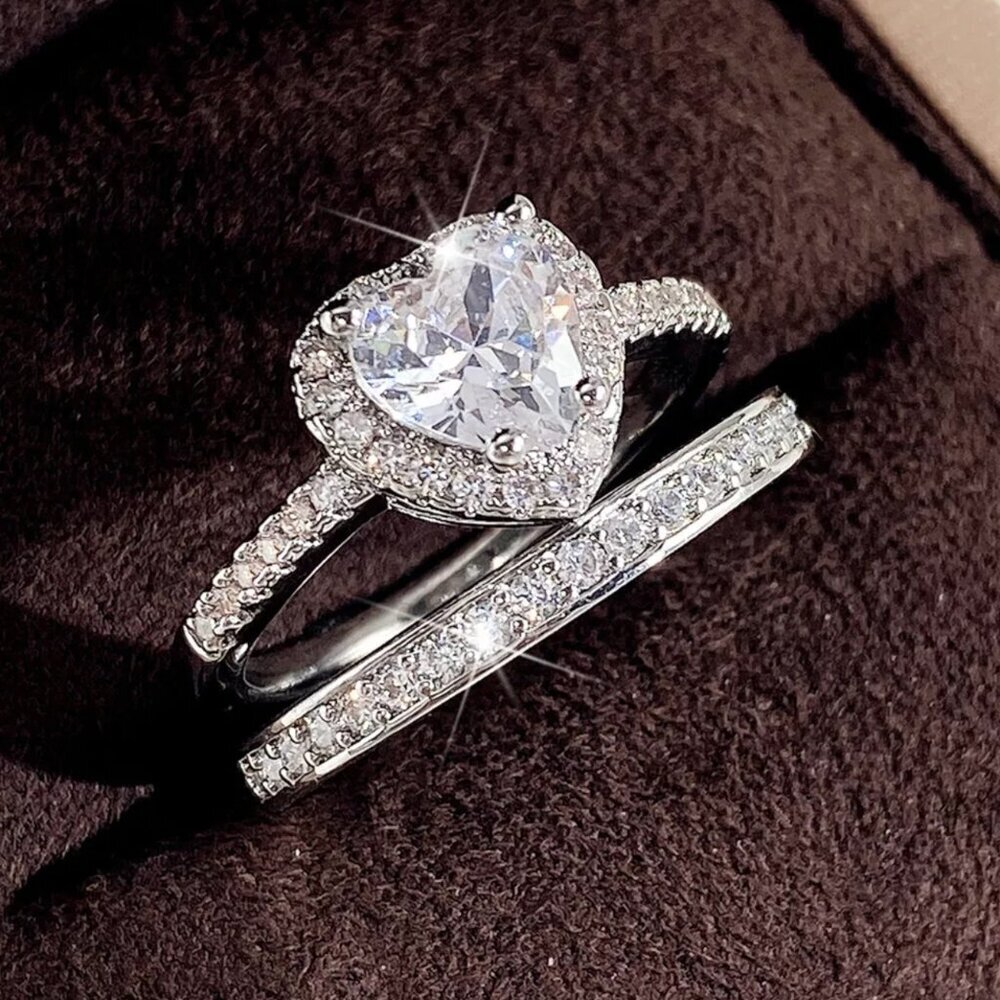 NEW 925 Sterling Silver Diamond Heart Ring Band Set of 2 DIamond Rings - Picture 2 of 6